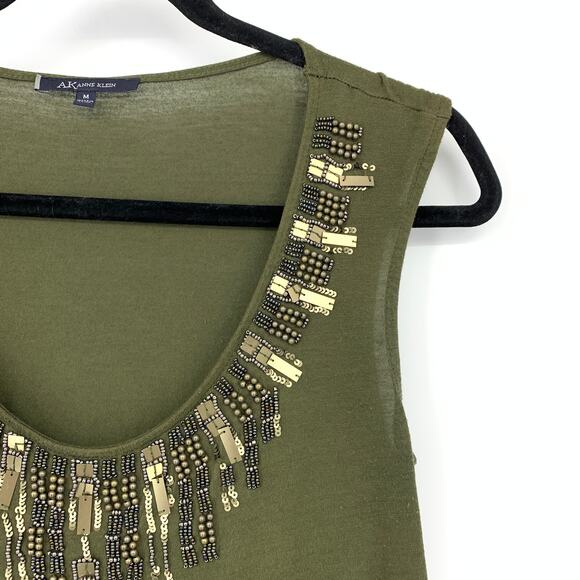 AK Anne Klein Scoop Neck Sleeveless Tank Top Womens Size M Green Beaded - Picture 3 of 6